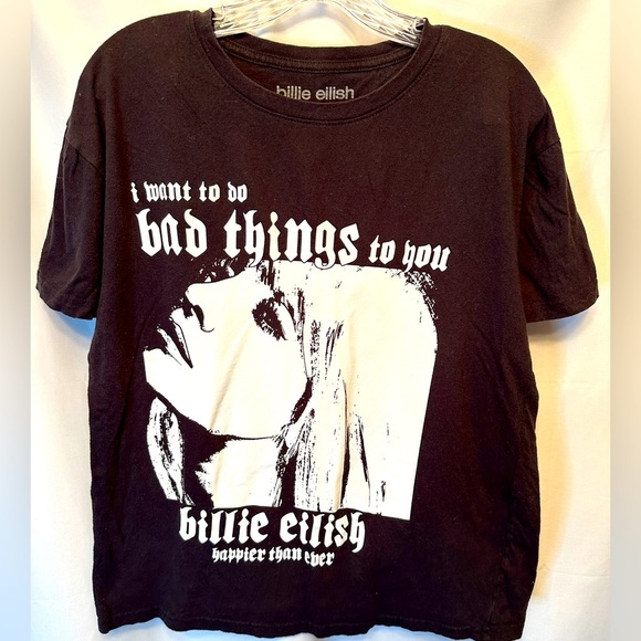 Billie Eilish Size L Happier Than Ever Concert Graphic T-shirt Black Bad Things - Picture 1 of 5